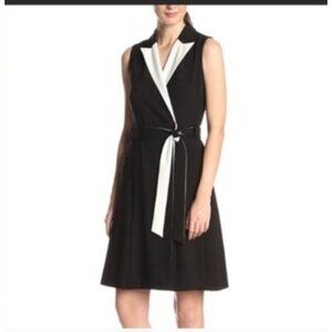 Calvin Klein Black Sleeveless Wrap Dress White Trim & Belt Size 16 colorblock
